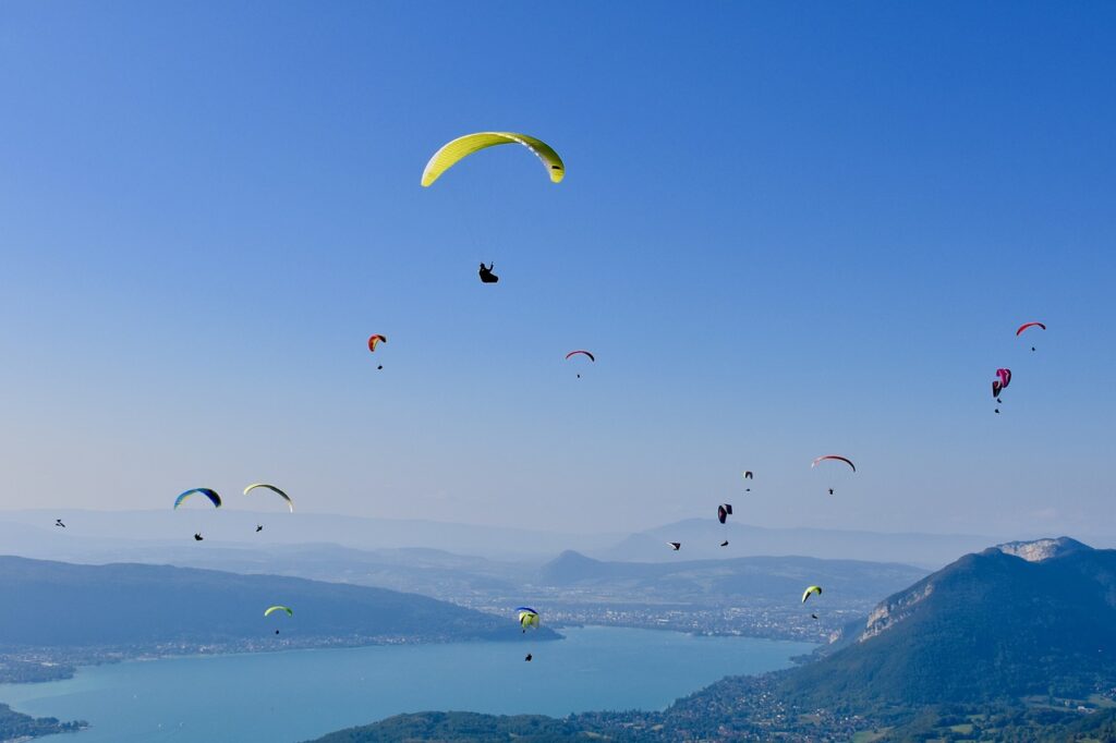 paragliders, panoramic view, lake annecy